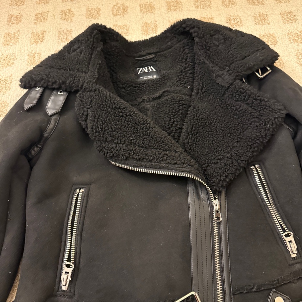 Zara shearling moto jacket / coat - Picture 2 of 2
